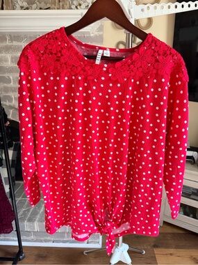 Elle Red Polka Dot Long Sleeve Top with Crochet Yoke and Front Tie